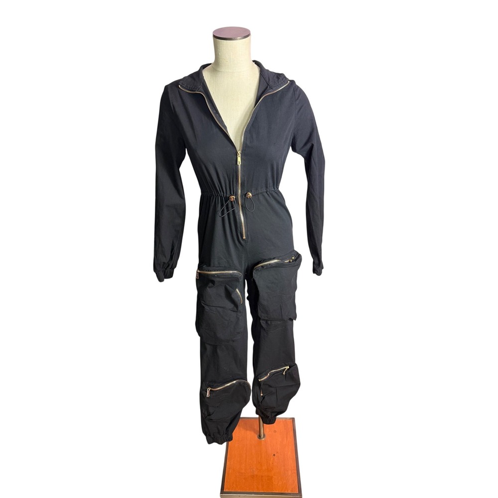 Kaylee Kollection Cargo Jumpsuit Medium Black Utility Zip Front Long Sleeve